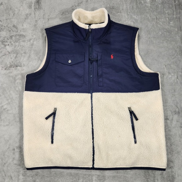Polo Ralph Lauren Other - Polo Ralph Lauren Vest Mens 2XL White Sherpa Fleece Navy Yoke Outdoor Zip